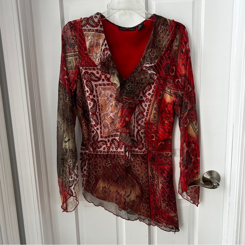 Chic Red Patterned Women's Blouse